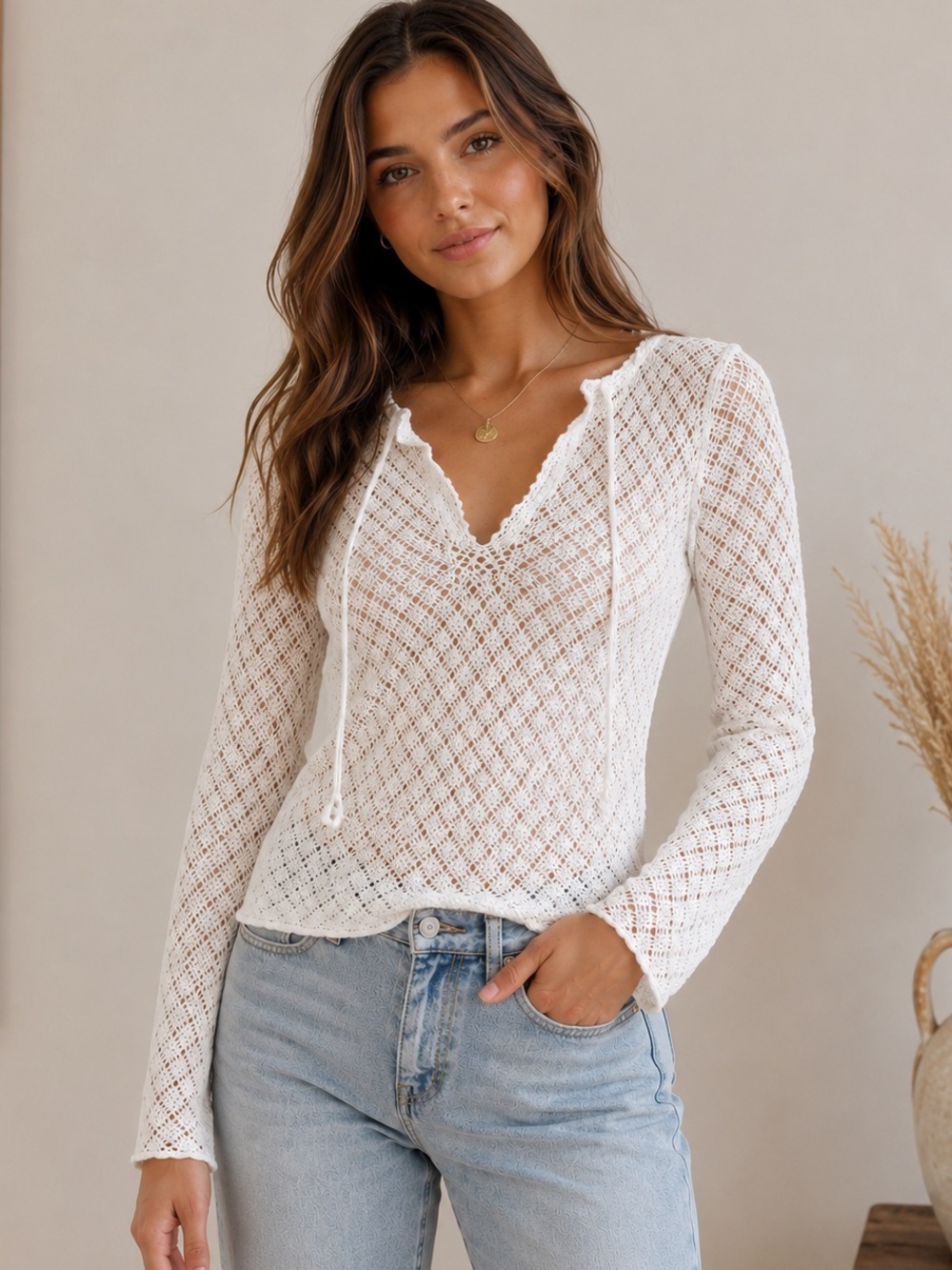 Banana Republic White Crochet Pullover Top Cotton Long Sleeve Boho Textured
